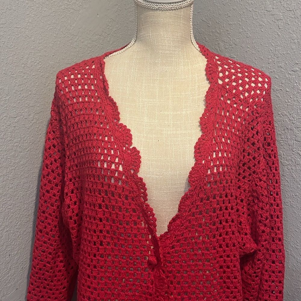 Norm Thompson crocheted red scalloped cardigan